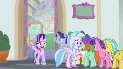 Size: 350x197 | Tagged: safe, derpibooru import, screencap, berry blend, berry bliss, citrine spark, fire quacker, huckleberry, november rain, peppermint goldylinks, silverstream, starlight glimmer, classical hippogriff, earth pony, hippogriff, pegasus, pony, unicorn, student counsel, background pony, bow, female, friendship student, hair bow, male, mane bow, mare, quill, raised hoof, stallion