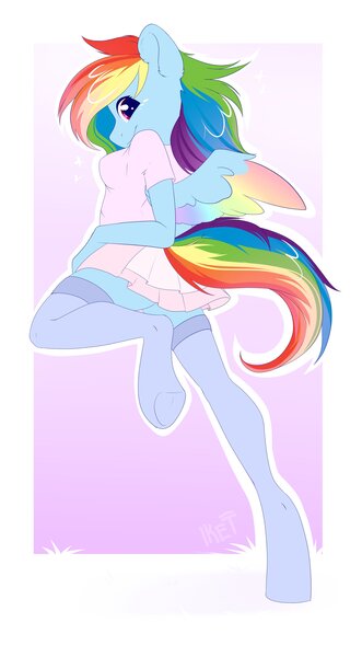 Size: 2261x4096 | Tagged: anthro, artist:kebchach, beautiful, breasts, clothes, colored wings, derpibooru import, female, looking at you, looking back, looking back at you, miniskirt, moe, multicolored wings, pegasus, rainbow dash, rainbow wings, schrödinger's pantsu, shirt, simple background, skirt, smiling at you, socks, solo, solo female, stockings, suggestive, thigh highs, t-shirt, unguligrade anthro, wings, zettai ryouiki