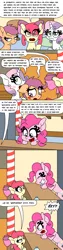 Size: 750x3000 | Tagged: safe, artist:bjdazzle, derpibooru import, apple bloom, pinkie pie, scootaloo, sweetie belle, earth pony, pegasus, pony, unicorn, season 9 retirement party, growing up is hard to do, alternate scenario, apple bloom is not amused, bad parenting, bell, blushing, breaking the fourth wall, burn, chest fluff, comic, cutie mark crusaders, embarrassed, female, filly, implied applejack, implied aunt holiday, implied auntie lofty, implied carrot cake, implied cookie crumbles, implied cup cake, implied granny smith, implied hondo flanks, implied rainbow dash, implied rarity, mare, oh no she didn't, scootaloo is not amused, sugarcube corner, unamused