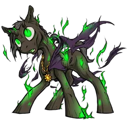 Size: 1000x1000 | Tagged: safe, artist:kalemon, derpibooru import, ghoul, pony, undead, unicorn, fallout equestria, amulet, balefire, cape, clothes, fire, glowing eyes, jewelry, male, on fire, simple background, solo, transparent background