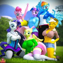 Size: 1920x1920 | Tagged: safe, artist:forsaken, derpibooru import, applejack, fluttershy, pinkie pie, rainbow dash, rarity, twilight sparkle, twilight sparkle (alicorn), alicorn, anthro, bat pony, earth pony, pegasus, plantigrade anthro, 3d, abs, blender, boots, breasts, busty applejack, busty fluttershy, busty pinkie pie, busty rarity, clothes, denim shorts, female, flutterbat, front knot midriff, grin, happy birthday mlp:fim, high heels, looking at you, mane six, mare, midriff, mlp fim's ninth anniversary, one eye closed, open mouth, outdoors, race swap, shirt, shoes, shorts, smiling, socks, thigh highs, wink