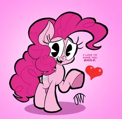 Size: 2247x2189 | Tagged: safe, artist:joeywaggoner, derpibooru import, pinkie pie, earth pony, pony, digital art, female, gradient background, heart, mare, pacman eyes, raised hoof, signature, smiling, solo, speech, talking