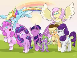 Size: 1032x774 | Tagged: safe, artist:cozmicpandawolf, derpibooru import, applejack, fluttershy, pinkie pie, rainbow dash, rarity, spike, starlight glimmer, twilight sparkle, twilight sparkle (alicorn), alicorn, dragon, earth pony, pegasus, pony, unicorn, colored hooves, colored wings, colored wingtips, cowboy hat, end of ponies, female, flying, grin, hat, hooves to the chest, looking at each other, male, mane eight, mane seven, mane six, mare, outdoors, rainbow trail, smiling, spread wings, winged spike, wings