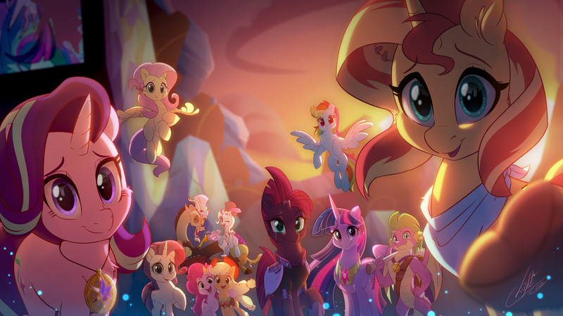 Size: 4444x2500 | Tagged: safe, artist:light262, derpibooru import, applejack, discord, fizzlepop berrytwist, fluttershy, pinkie pie, rainbow dash, rarity, spike, starlight glimmer, sunset shimmer, tempest shadow, trixie, twilight sparkle, twilight sparkle (alicorn), alicorn, draconequus, dragon, earth pony, pegasus, pony, unicorn, armor, broken horn, cheek fluff, cutie mark, digital art, ear piercing, end of ponies, eye scar, female, flying, glowing horn, happy birthday mlp:fim, hoof shoes, horn, looking at you, male, mane seven, mane six, mare, memorable, mlp fim's ninth anniversary, one eye closed, outstretched hoof, peytral, piercing, scar, smiling, sunset, winged spike, wink