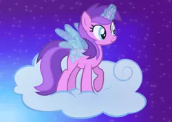 Size: 4209x3000 | Tagged: safe, artist:razorbladetheunicron, derpibooru import, amethyst star, pony, unicorn, lateverse, alternate universe, artificial wings, augmented, base used, cloud, female, glowing horn, happy birthday mlp:fim, horn, magic, magic eyes, magic wings, mare, mlp fim's ninth anniversary, on a cloud, solo, sparkly eyes, standing on cloud, starry sky, unicorn magic, wings