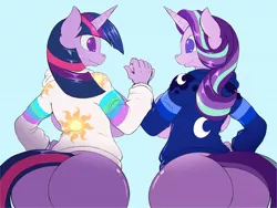 Size: 1680x1260 | Tagged: suggestive, artist:suirano, derpibooru import, starlight glimmer, twilight sparkle, anthro, unicorn, ass, big breasts, blue background, bottomless, breasts, busty starlight glimmer, busty twilight sparkle, butt, clothes, female, glimmer glutes, holding hands, hoodie, looking at each other, mare, partial nudity, rearboob, sideboob, simple background, smiling, strategically covered, the ass was fat, twibutt, unicorn twilight