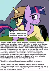 Size: 1341x1951 | Tagged: safe, artist:eagc7, derpibooru import, twilight sparkle, twilight sparkle (alicorn), oc, oc:curly fries, alicorn, pony, end of ponies, female, hat, hug, male, mare, smiling, stallion, teary eyes, text, thank you