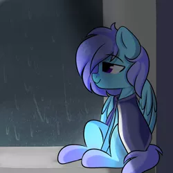 Size: 676x676 | Tagged: safe, artist:thieftea, derpibooru import, oc, oc:barmy, pegasus, pony, clothes, commission, female, happy, mare, rain, sleepy, smiling, solo, tired, window, ych result