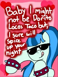 Size: 385x512 | Tagged: safe, artist:seths-girl, derpibooru import, sonata dusk, ponified, earth pony, pony, :p, bracelet, equestria girls ponified, female, food, heart, holiday, mare, solo, sonataco, spiked wristband, sunglasses, taco, tongue out, valentine's day, wristband