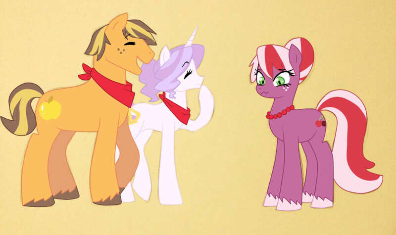 Size: 1024x608 | Tagged: safe, artist:kianamai, artist:lmoustache, color edit, derpibooru import, edit, oc, oc:creme-de-la-creme, oc:golden delicious, oc:red june, unofficial characters only, earth pony, pony, kilalaverse, alternate hairstyle, colored, colored sketch, female, male, mare, monochrome, next generation, offspring, parent:applejack, parent:big macintosh, parent:caramel, parent:cheerilee, parent:fancypants, parent:fleur-de-lis, parents:carajack, parents:cheerimac, parents:fancyfleur, pencil drawing, sketch, stallion, traditional art