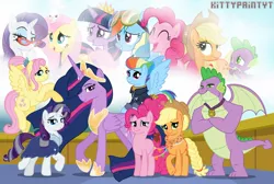 Size: 1280x859 | Tagged: safe, artist:kittypaintyt, derpibooru import, angel bunny, applejack, fluttershy, pinkie pie, princess twilight 2.0, rainbow dash, rarity, spike, twilight sparkle, twilight sparkle (alicorn), alicorn, dragon, earth pony, pegasus, pony, unicorn, the last problem, applejack's hat, cowboy hat, end of ponies, gigachad spike, granny smith's scarf, hat, mane seven, mane six, older, older applejack, older fluttershy, older mane seven, older mane six, older pinkie pie, older rainbow dash, older rarity, older spike, older twilight, winged spike