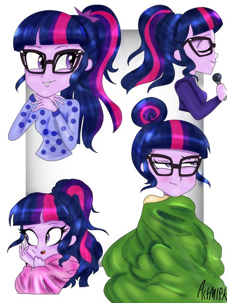 Size: 1536x2048 | Tagged: safe, artist:artmlpk, derpibooru import, sci-twi, twilight sparkle, equestria girls, blanket, blushing, bun, cute, microphone, solo, twiabetes