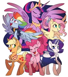 Size: 2390x2721 | Tagged: safe, artist:pinweena30, derpibooru import, applejack, fluttershy, pinkie pie, princess twilight 2.0, rainbow dash, rarity, twilight sparkle, twilight sparkle (alicorn), alicorn, earth pony, pegasus, pony, unicorn, the last problem, end of ponies, flying, future, happy, looking at you, mane six, older, older applejack, older fluttershy, older mane six, older pinkie pie, older rainbow dash, older rarity, older twilight