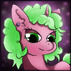 Size: 1467x1467 | Tagged: safe, artist:jesterpi, derpibooru import, oc, oc:berry blitz, pony, unicorn, abstract background, ear piercing, earring, glow, green mane, jewelry, piercing, profile, profile picture, smiling