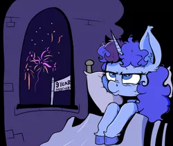 Size: 3101x2621 | Tagged: safe, artist:paskanaakka, derpibooru import, oc, oc:midnight dew, unofficial characters only, pony, unicorn, bags under eyes, bed, colored hooves, ear fluff, female, fireworks, grumpy, happy birthday mlp:fim, high res, mare, mlp fim's ninth anniversary, pillow, solo, unshorn fetlocks