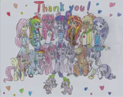 Size: 2474x1962 | Tagged: safe, artist:nephilim rider, derpibooru import, applejack, fluttershy, pinkie pie, rainbow dash, rarity, sci-twi, spike, spike the regular dog, starlight glimmer, sunset shimmer, twilight sparkle, twilight sparkle (alicorn), alicorn, dog, dragon, equestria girls, equestria girls series, end of ponies, happy birthday mlp:fim, mane six, mlp fim's ninth anniversary, my little pony, thank you, traditional art, winged spike