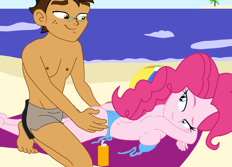 Size: 2155x1554 | Tagged: suggestive, artist:imperfectxiii, artist:lhenao, derpibooru import, pinkie pie, oc, oc:copper plume, equestria girls, 2 handfuls of dat ass, 2 handfuls of dem hips, ass, balloonbutt, beach, beach babe, bedroom eyes, bikini, bikini babe, boob squish, breast squeeze, breasts, butt, canon x oc, clothes, copperpie, female, glasses, looking back, looking over shoulder, male, partial nudity, shipping, straight, sunscreen, swimsuit, topless