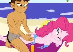 Size: 2155x1554 | Tagged: suggestive, artist:imperfectxiii, artist:lhenao, derpibooru import, pinkie pie, oc, oc:copper plume, equestria girls, 2 handfuls of dat ass, 2 handfuls of dem hips, ass, balloonbutt, beach, beach babe, bedroom eyes, bikini, bikini babe, boob squish, breast squeeze, breasts, butt, canon x oc, clothes, copperpie, female, glasses, looking back, looking over shoulder, male, partial nudity, shipping, straight, sunscreen, swimsuit, topless