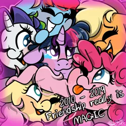 Size: 3000x3000 | Tagged: safe, artist:befishproductions, derpibooru import, applejack, fluttershy, pinkie pie, rainbow dash, rarity, twilight sparkle, pony, :p, crying, cute, end of ponies, eye clipping through hair, eyes closed, female, floppy ears, group, mane six, mare, one eye closed, open mouth, signature, tongue out, wink