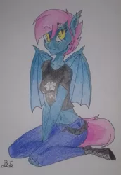 Size: 1666x2421 | Tagged: safe, artist:cypisek95, derpibooru import, oc, unofficial characters only, anthro, bat pony, bat wings, belly button, fangs, female, open mouth, simple background, sitting, solo, traditional art, white background, wings