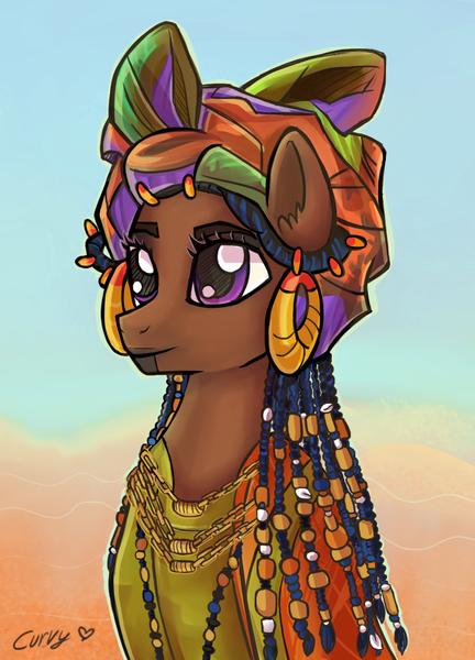 Size: 720x1000 | Tagged: safe, artist:capncurvy, artist:supcapn, derpibooru import, oc, unofficial characters only, pony, african, african culture, beads, body painting, braid, bust, clothes, costume, dreadlocks, dress, ear piercing, earring, face tattoo, female, hair jewelry, head wrap, hooped earrings, jewelry, mare, necklace, piercing, sitting, solo, tattoo