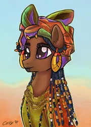 Size: 720x1000 | Tagged: safe, artist:capncurvy, artist:supcapn, derpibooru import, oc, unofficial characters only, pony, african, african culture, beads, body painting, braid, bust, clothes, costume, dreadlocks, dress, ear piercing, earring, face tattoo, female, hair jewelry, head wrap, hooped earrings, jewelry, mare, necklace, piercing, sitting, solo, tattoo
