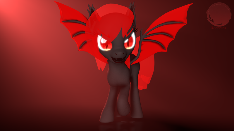 Size: 3840x2160 | Tagged: safe, artist:technickarts, derpibooru import, oc, oc:sapphire blood, bat pony, pony, 3d, bat pony oc, bat wings, creepy, fangs, slit eyes, source filmmaker, spooky, volumetric light, watermark, wings