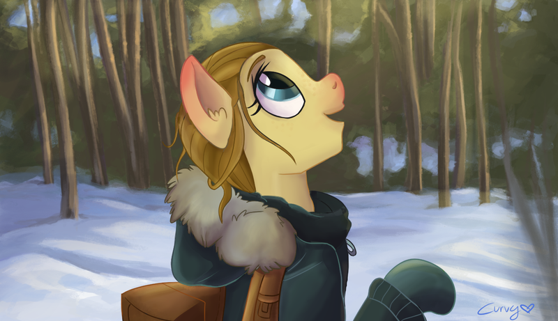 Size: 1250x720 | Tagged: safe, artist:capncurvy, artist:supcapn, derpibooru import, oc, ponified, unofficial characters only, pony, bag, blushing, clothes, cold, ear blush, female, forest, hood, jacket, looking up, mare, open mouth, raised hoof, red nosed, redraw, snow, solo, winter