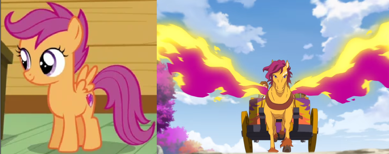 Size: 1320x524 | Tagged: safe, derpibooru import, scootaloo, pegasus, pony, comparison, firebolt, lego elves, wings