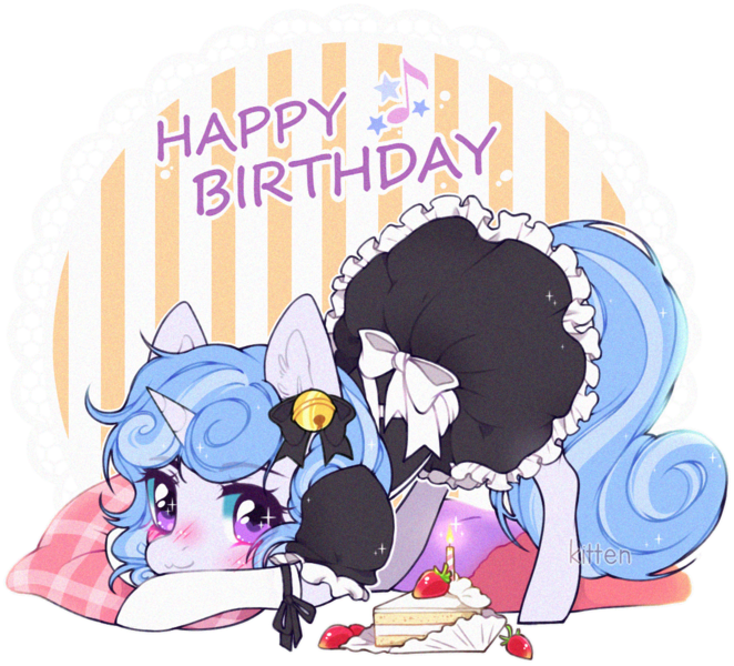 Size: 1135x1029 | Tagged: safe, artist:kitten-in-the-jar, derpibooru import, oc, oc:melodia, unofficial characters only, pony, unicorn, bell, blushing, bow, cake, clothes, commission, cute, female, food, happy birthday, maid, mare, ocbetes, pillow, solo, strawberry, ych result