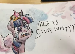 Size: 2146x1537 | Tagged: safe, artist:jimmyjamno1, derpibooru import, twilight sparkle, twilight sparkle (alicorn), alicorn, pony, big crown thingy, crying, element of magic, end of ponies, in-universe pegasister, jewelry, regalia, series finale blues, solo, traditional art, watercolor painting, wings