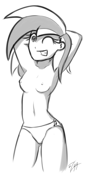 Size: 640x1232 | Tagged: arm behind head, armpits, artist:muzza299, breasts, clothes, derpibooru import, female, human, humanized, monochrome, nipples, nudity, one eye closed, panties, questionable, signature, sketch, solo, solo female, underwear, vinyl scratch, wink