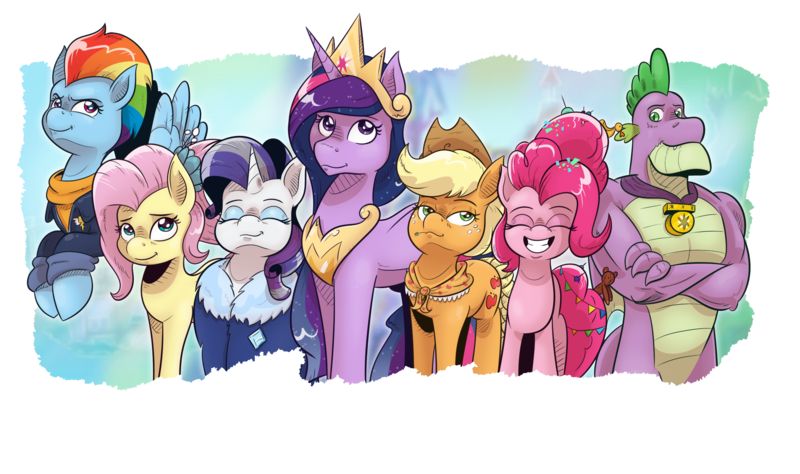 Size: 2443x1448 | Tagged: alicorn, applejack, artist:saturdaymorningproj, derpibooru import, end of ponies, fluttershy, gigachad spike, mane seven, mane six, older, older applejack, older fluttershy, older pinkie pie, older rainbow dash, older rarity, older spike, older twilight, pinkie pie, princess twilight 2.0, rainbow dash, rarity, safe, skunk stripe, spike, the last problem, twilight sparkle, twilight sparkle (alicorn)