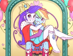 Size: 958x740 | Tagged: safe, artist:raridashdoodles, derpibooru import, majesty, rainbow dash, rarity, human, a photo booth story, eqg summertime shorts, equestria girls, anime, balloon, blushing, bridal carry, carrying, chair, clothes, crown, female, happy, heart, hug, image, jewelry, jpeg, lesbian, looking at someone, looking at you, majestic, majestic as fuck, one eye closed, raridash, regalia, royalty, shipping, shoes, smiling, throne, wink
