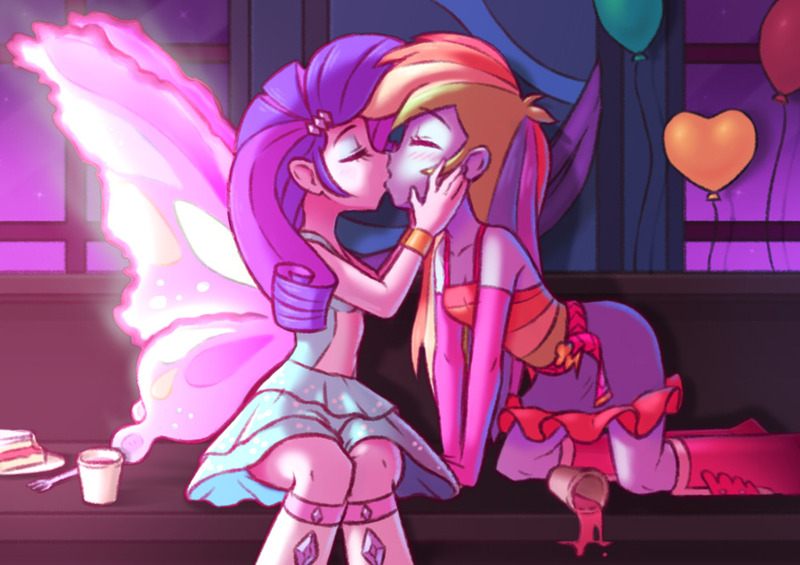 Size: 1000x706 | Tagged: safe, artist:raridashdoodles, derpibooru import, rainbow dash, rarity, human, equestria girls, balloon, blushing, butterfly wings, cake, clothes, dress, drink, fall formal outfits, female, food, heart, kissing, lesbian, raridash, shipping, wings