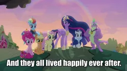 Size: 960x540 | Tagged: alicorn, applejack, caption, derpibooru import, edit, edited screencap, end of ponies, fluttershy, gigachad spike, image macro, mane seven, mane six, older, older applejack, older fluttershy, older mane seven, older mane six, older pinkie pie, older rainbow dash, older rarity, older spike, older twilight, pinkie pie, princess twilight 2.0, rainbow dash, rarity, safe, screencap, spike, text, the end, the last problem, twilight sparkle, twilight sparkle (alicorn)