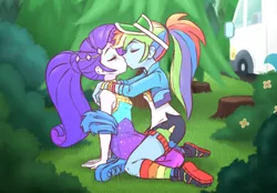 Size: 1037x720 | Tagged: safe, artist:raridashdoodles, derpibooru import, rainbow dash, rarity, equestria girls, equestria girls series, sunset's backstage pass!, spoiler:eqg series (season 2), blushing, bush, eyes closed, female, flower, forest, kissing, lesbian, music festival outfit, raridash, shipping, tree stump