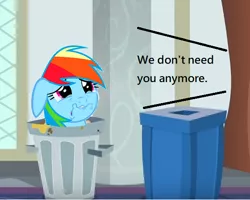 Size: 558x446 | Tagged: safe, derpibooru import, edit, edited screencap, screencap, rainbow dash, pony, abuse, crying, dashabuse, end of ponies, rainbow trash, sad, trash can