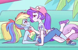 Size: 1055x674 | Tagged: safe, artist:raridashdoodles, derpibooru import, rainbow dash, rarity, equestria girls, equestria girls series, spoiler:eqg series (season 2), bedroom eyes, blushing, couch, cute, dashabetes, feet, female, hat, heart, lesbian, looking at each other, pillow, raribetes, raridash, sandals, shipping