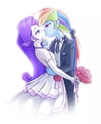 Size: 800x980 | Tagged: safe, artist:raridashdoodles, derpibooru import, rainbow dash, rarity, equestria girls, bedroom eyes, blushing, bride, clothes, crossdressing, dress, female, flower, groom, kissing, lesbian, looking at each other, marriage, raridash, rose, shipping, suit, wedding, wedding dress