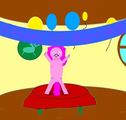 Size: 2100x2000 | Tagged: safe, artist:havock, derpibooru import, pinkie pie, pony, 1000 hours in ms paint, an attempt was made, balloon, banner, happy birthday mlp:fim, i tried, mlp fim's ninth anniversary, table, window