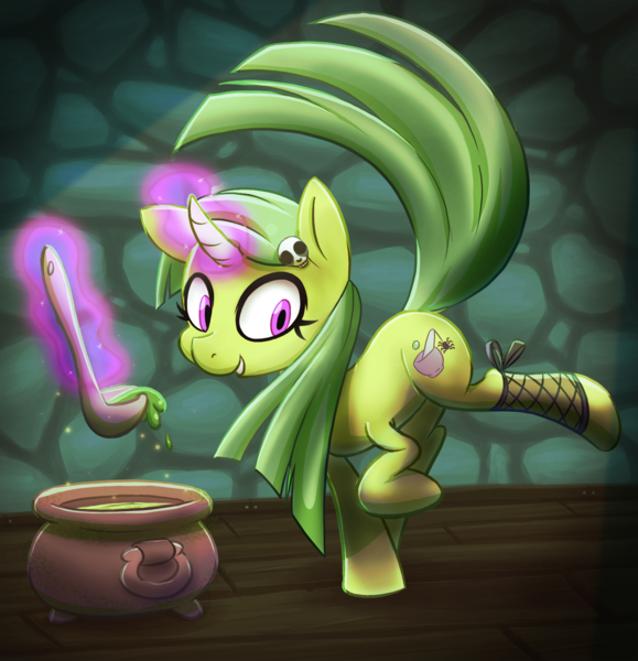 Size: 1267x1312 | Tagged: safe, artist:ikarooz, derpibooru import, oc, oc:bubbly cauldron, unofficial characters only, pony, unicorn, cauldron, female, glowing horn, horn, magic, mare, potion, solo, telekinesis