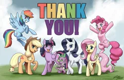 Size: 1500x971 | Tagged: safe, artist:johnjoseco, derpibooru import, applejack, fluttershy, pinkie pie, rainbow dash, rarity, spike, twilight sparkle, twilight sparkle (alicorn), alicorn, dragon, earth pony, pegasus, pony, unicorn, ask gaming princess luna, anniversary, applejack's hat, cowboy hat, end of ponies, female, happy birthday mlp:fim, hat, looking at you, male, mane seven, mane six, mare, mlp fim's ninth anniversary, open mouth, raised hoof, stetson, thank you, winged spike