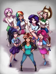 Size: 914x1200 | Tagged: safe, artist:the-park, derpibooru import, applejack, fluttershy, pinkie pie, rainbow dash, rarity, sci-twi, spike, spike the regular dog, sunset shimmer, twilight sparkle, dog, equestria girls, human coloration, humane five, humane seven, humane six, looking at you, one eye closed, simple background, standing, wink