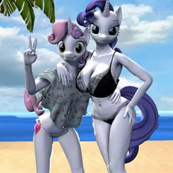 Size: 1435x1435 | Tagged: suggestive, artist:sykosenpai, derpibooru import, rarity, sweetie belle, anthro, unicorn, 3d, arm around neck, armpits, beach, breasts, busty rarity, cleavage, cutie mark, duo, duo female, female, older, older sweetie belle, peace sign, source filmmaker, the cmc's cutie marks