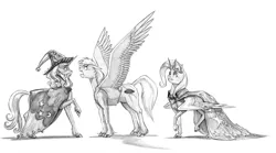 Size: 1600x892 | Tagged: safe, artist:baron engel, derpibooru import, star swirl the bearded, trixie, oc, oc:mark wells, alicorn, pegasus, pony, unicorn, fanfic:off the mark, alicornified, colored hooves, fanfic art, grayscale, markxie, monochrome, pencil drawing, race swap, simple background, traditional art, trixiecorn, white background