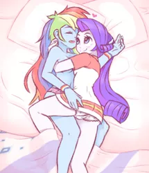 Size: 670x780 | Tagged: suggestive, artist:raridashdoodles, derpibooru import, part of a set, rainbow dash, rarity, human, equestria girls, bed, belly button, blushing, breasts, busty rainbow dash, clothes, clothes swap, cuddling, cutie mark underwear, eyes closed, female, frilly underwear, hug, intimate, lesbian, lying down, on bed, panties, part of a series, partial nudity, pillow, pink panties, raridash, shipping, shirt, smiling, strategically covered, t-shirt, topless, underwear, white underwear