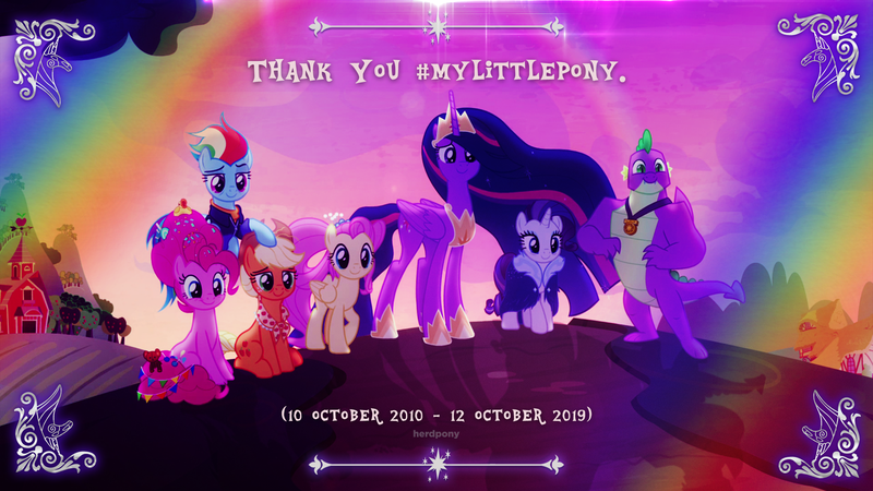 Size: 2560x1440 | Tagged: safe, artist:herdpony, derpibooru import, edit, edited screencap, screencap, applejack, fluttershy, pinkie pie, princess twilight 2.0, rainbow dash, rarity, spike, twilight sparkle, twilight sparkle (alicorn), alicorn, pony, the last problem, deviantart, end of ponies, fin, gigachad spike, lens flare, mane seven, mane six, older, older applejack, older fluttershy, older mane seven, older mane six, older pinkie pie, older rainbow dash, older rarity, older spike, older twilight, photoshop, thank you, thank you for the memories, the end, the end is neigh