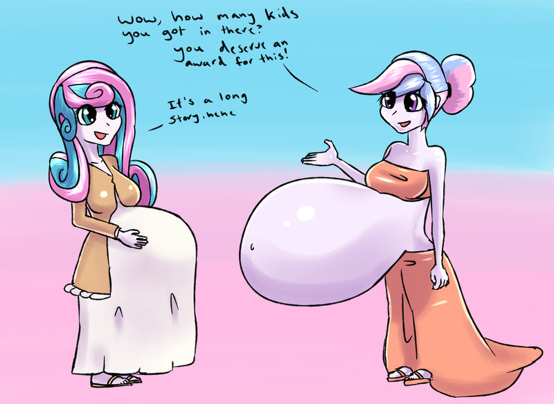 Size: 2671x1951 | Tagged: safe, artist:fluor1te, derpibooru import, princess flurry heart, oc, oc:bundle joy, human, equestria girls, adult, anatomically incorrect, anti-gravity belly, belly, belly button, big belly, colored background, dialogue, duo, duo female, female, hand on belly, happy, huge belly, hyper, hyper belly, hyper pregnancy, impossibly large belly, mama flurry, multiple pregnancy, older, older flurry heart, pregnant, pregnant equestria girls, request, shiny