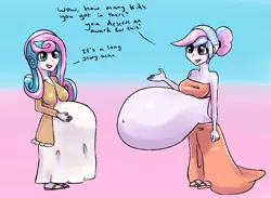 Size: 2671x1951 | Tagged: safe, artist:fluor1te, derpibooru import, princess flurry heart, oc, oc:bundle joy, human, equestria girls, adult, anatomically incorrect, anti-gravity belly, belly, belly button, big belly, colored background, dialogue, duo, duo female, female, hand on belly, happy, huge belly, hyper, hyper belly, hyper pregnancy, impossibly large belly, mama flurry, multiple pregnancy, older, older flurry heart, pregnant, pregnant equestria girls, request, shiny
